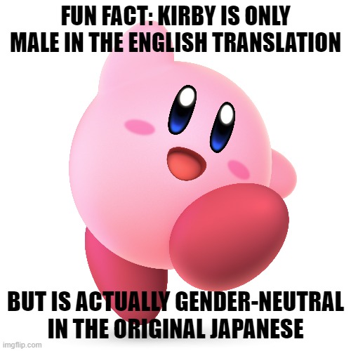 Not bad | FUN FACT: KIRBY IS ONLY MALE IN THE ENGLISH TRANSLATION; BUT IS ACTUALLY GENDER-NEUTRAL IN THE ORIGINAL JAPANESE | image tagged in kirby,gender equality,game | made w/ Imgflip meme maker