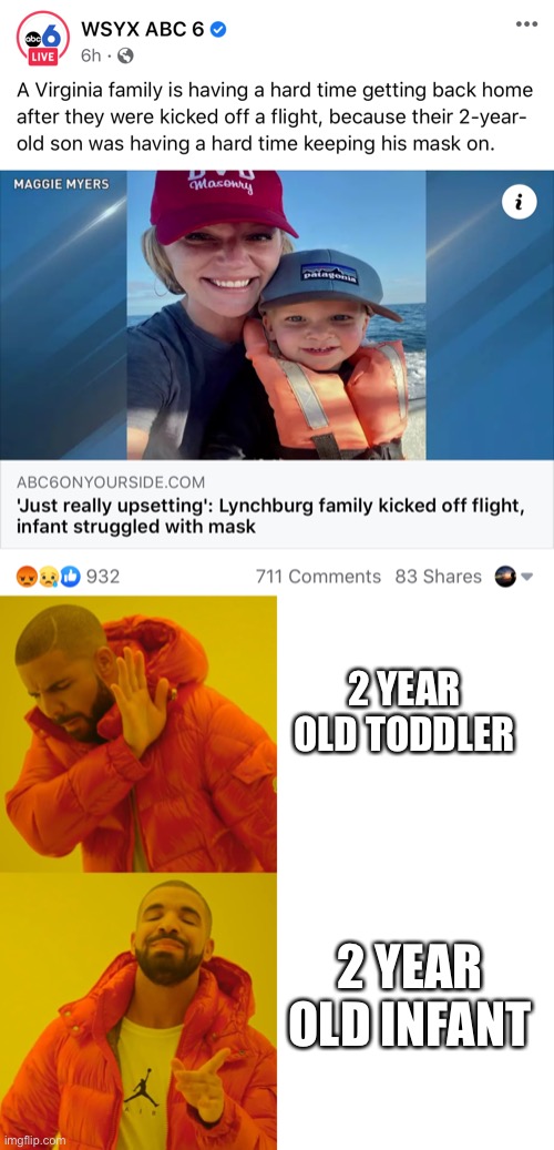 2 YEAR OLD TODDLER; 2 YEAR OLD INFANT | image tagged in memes,drake hotline bling,corona,mask | made w/ Imgflip meme maker