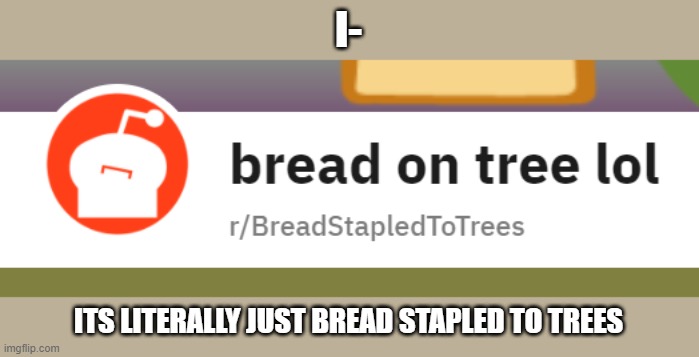 r/ofcoursethatsathing | I-; ITS LITERALLY JUST BREAD STAPLED TO TREES | image tagged in reddit,lol | made w/ Imgflip meme maker