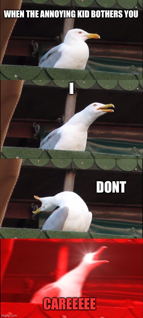 Inhaling Seagull | WHEN THE ANNOYING KID BOTHERS YOU; I; DONT; CAREEEEE | image tagged in memes,inhaling seagull | made w/ Imgflip meme maker