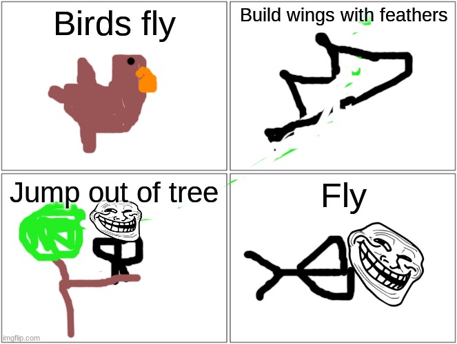 Bird Logic except the wings are built in |  Birds fly; Build wings with feathers; Jump out of tree; Fly | image tagged in memes,blank comic panel 2x2 | made w/ Imgflip meme maker