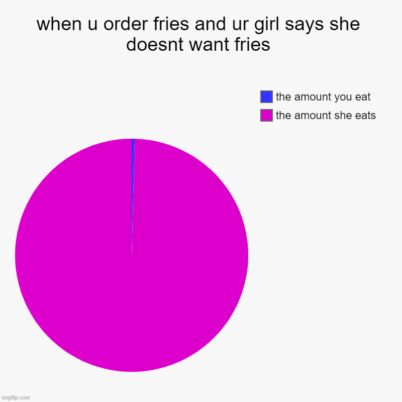 bruh... | when u order fries and ur girl says she doesnt want fries | the amount she eats, the amount you eat | image tagged in charts,pie charts | made w/ Imgflip chart maker