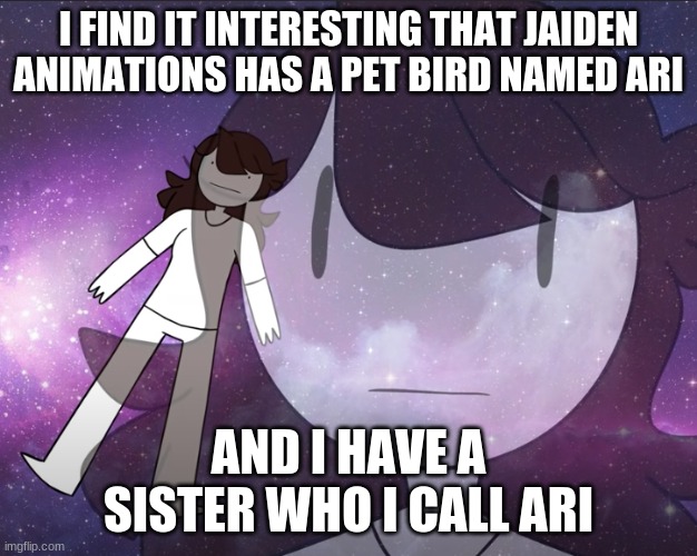 COINCIDENCE- | I FIND IT INTERESTING THAT JAIDEN ANIMATIONS HAS A PET BIRD NAMED ARI; AND I HAVE A SISTER WHO I CALL ARI | image tagged in galaxy jaiden | made w/ Imgflip meme maker