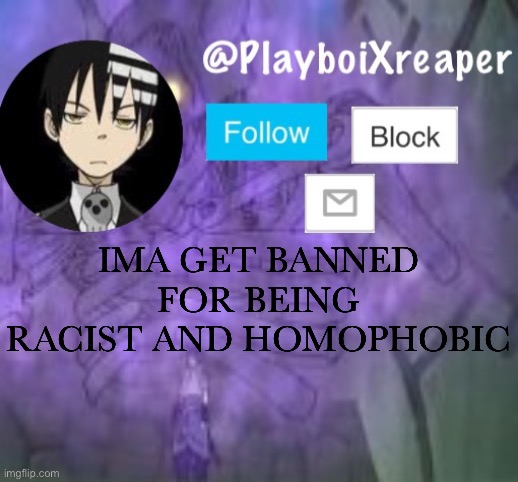 PlayboiXreaper | IMA GET BANNED FOR BEING RACIST AND HOMOPHOBIC | image tagged in playboixreaper | made w/ Imgflip meme maker