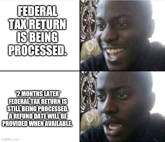 Federal Problems | FEDERAL TAX RETURN IS BEING PROCESSED. *2 MONTHS LATER*
FEDERAL TAX RETURN IS STILL BEING PROCESSED. A REFUND DATE WILL BE PROVIDED WHEN AVAILABLE. | image tagged in 2020 sucks | made w/ Imgflip meme maker