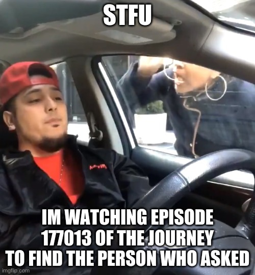 new temp | STFU; IM WATCHING EPISODE 177013 OF THE JOURNEY TO FIND THE PERSON WHO ASKED | image tagged in stfu im listening to | made w/ Imgflip meme maker