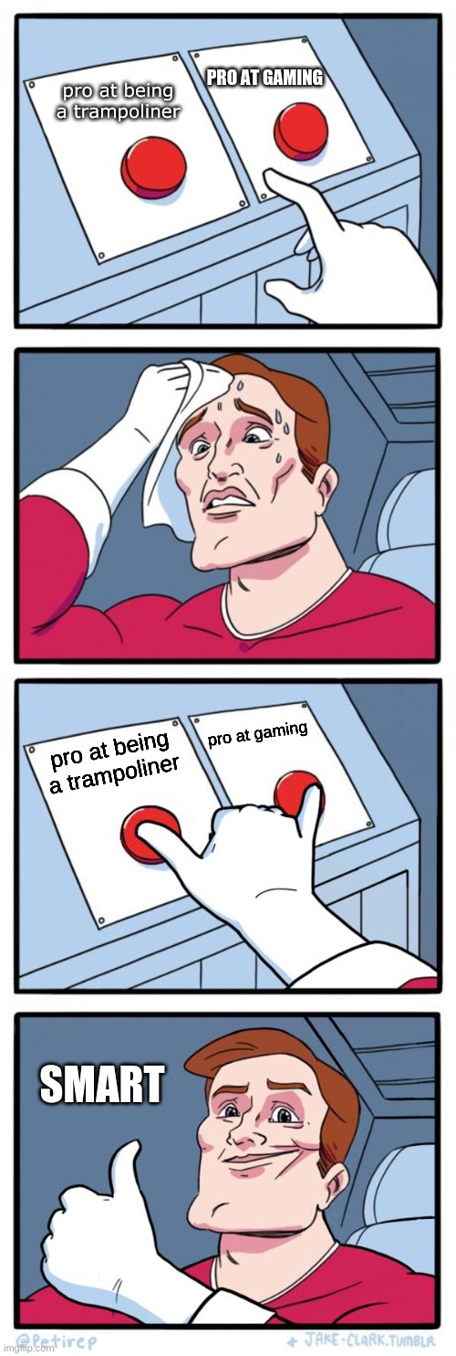 smart boi | PRO AT GAMING; pro at being a trampoliner; pro at gaming; pro at being a trampoliner; SMART | image tagged in both buttons pressed,memes,funny memes,gaming | made w/ Imgflip meme maker