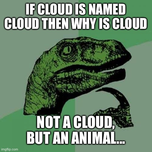 Why Cloud... Aren’t u suppose to be a cloud | IF CLOUD IS NAMED CLOUD THEN WHY IS CLOUD; NOT A CLOUD, BUT AN ANIMAL... | image tagged in memes,philosoraptor | made w/ Imgflip meme maker