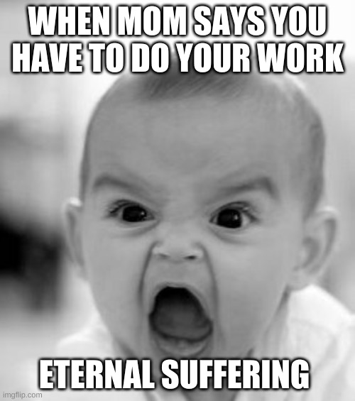 Angry Baby | WHEN MOM SAYS YOU HAVE TO DO YOUR WORK; ETERNAL SUFFERING | image tagged in memes,angry baby | made w/ Imgflip meme maker