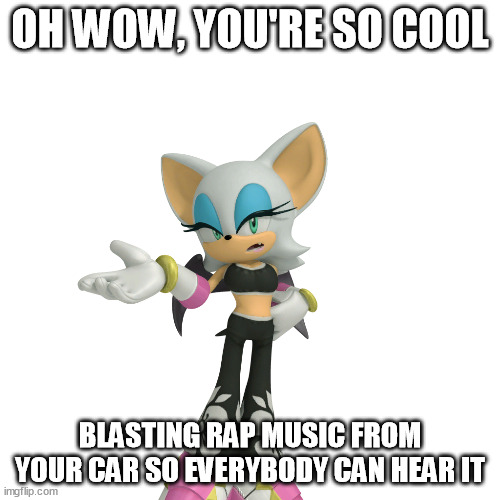 Seriously, if people a mile away can hear it, it's too loud | OH WOW, YOU'RE SO COOL; BLASTING RAP MUSIC FROM YOUR CAR SO EVERYBODY CAN HEAR IT | image tagged in annoyed rouge the bat | made w/ Imgflip meme maker