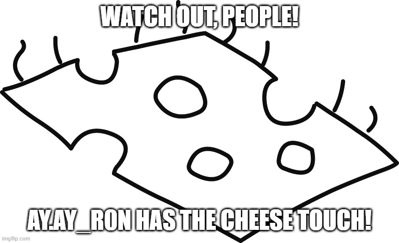 Diary of a Wimpy Kid Cheese | WATCH OUT, PEOPLE! AY.AY_R0N HAS THE CHEESE TOUCH! | image tagged in diary of a wimpy kid cheese | made w/ Imgflip meme maker