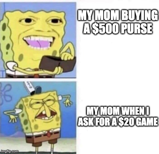 Spongebob wallet | MY MOM BUYING A $500 PURSE; MY MOM WHEN I ASK FOR A $20 GAME | image tagged in spongebob wallet | made w/ Imgflip meme maker