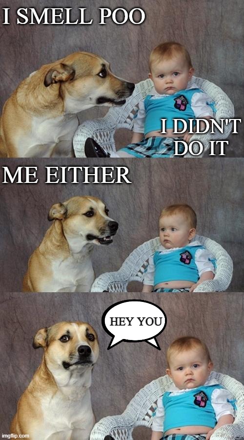 uh oh i think they know | I SMELL POO; I DIDN'T DO IT; ME EITHER; HEY YOU | image tagged in memes,dad joke dog | made w/ Imgflip meme maker
