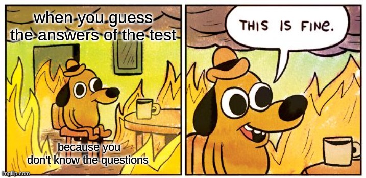This Is Fine Meme | when you guess the answers of the test; because you don't know the questions | image tagged in memes,this is fine | made w/ Imgflip meme maker