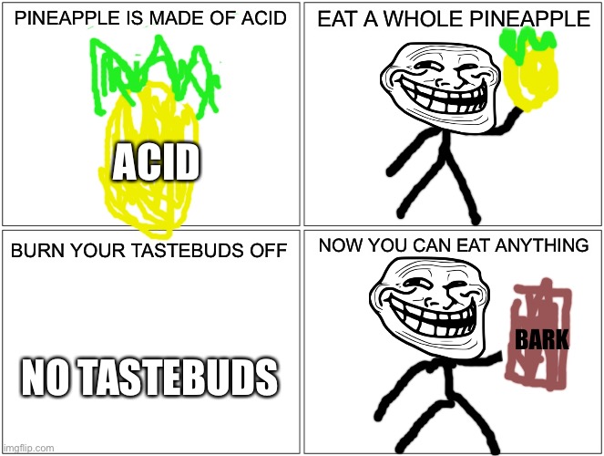 eat ANYTHING | PINEAPPLE IS MADE OF ACID; EAT A WHOLE PINEAPPLE; ACID; NOW YOU CAN EAT ANYTHING; BURN YOUR TASTEBUDS OFF; BARK; NO TASTEBUDS | image tagged in memes,blank comic panel 2x2 | made w/ Imgflip meme maker