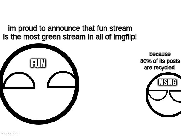 Blank White Template | im proud to announce that fun stream is the most green stream in all of imgflip! because 80% of its posts are recycled; FUN; MSMG | image tagged in blank white template | made w/ Imgflip meme maker