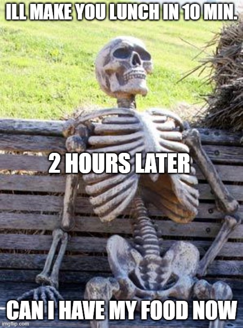 Waiting Skeleton Meme | ILL MAKE YOU LUNCH IN 10 MIN. 2 HOURS LATER; CAN I HAVE MY FOOD NOW | image tagged in memes,waiting skeleton | made w/ Imgflip meme maker
