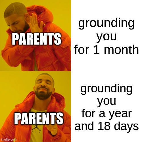 awgwrqwhgae | grounding you for 1 month; PARENTS; grounding you for a year and 18 days; PARENTS | image tagged in memes,drake hotline bling | made w/ Imgflip meme maker