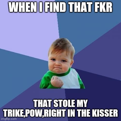 Success Kid | WHEN I FIND THAT FKR; THAT STOLE MY TRIKE,POW,RIGHT IN THE KISSER | image tagged in memes,success kid | made w/ Imgflip meme maker