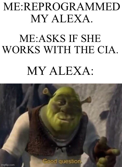 Reprogram your Alexa | ME:REPROGRAMMED MY ALEXA. ME:ASKS IF SHE WORKS WITH THE CIA. MY ALEXA: | image tagged in shrek good question | made w/ Imgflip meme maker