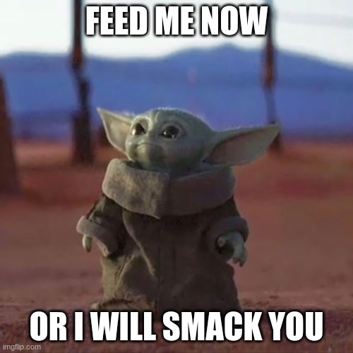 Baby Yoda | FEED ME NOW; OR I WILL SMACK YOU | image tagged in baby yoda | made w/ Imgflip meme maker