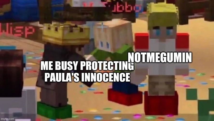 MCYT Friendship | NOTMEGUMIN; ME BUSY PROTECTING PAULA'S INNOCENCE | image tagged in mcyt friendship | made w/ Imgflip meme maker