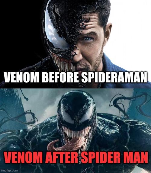 Venom before and after | VENOM BEFORE SPIDERAMAN; VENOM AFTER SPIDER MAN | image tagged in funny memes | made w/ Imgflip meme maker