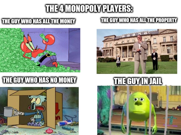 Blank White Template | THE 4 MONOPOLY PLAYERS:; THE GUY WHO HAS ALL THE PROPERTY; THE GUY WHO HAS ALL THE MONEY; THE GUY WHO HAS NO MONEY; THE GUY IN JAIL | image tagged in squidward,sully wazowski,mr krabs money,memes,funny,blank white template | made w/ Imgflip meme maker