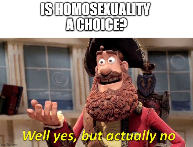 Well yes, but actually no | IS HOMOSEXUALITY 
A CHOICE? | image tagged in well yes but actually no | made w/ Imgflip meme maker