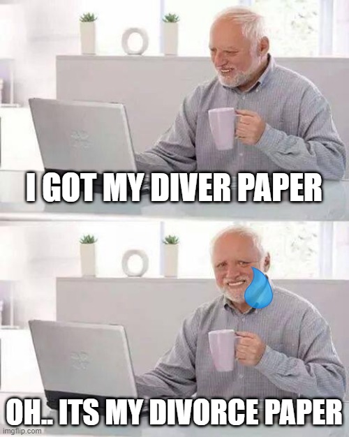 Hide the Pain Harold Meme | I GOT MY DIVER PAPER; OH.. ITS MY DIVORCE PAPER | image tagged in memes,hide the pain harold | made w/ Imgflip meme maker