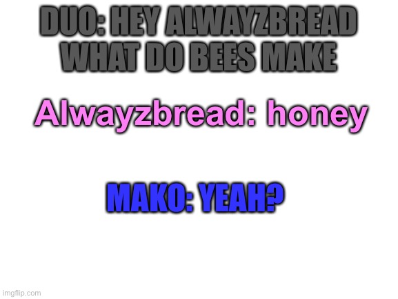 Incorrect quotes *credits in the tags* | DUO: HEY ALWAYZBREAD WHAT DO BEES MAKE; Alwayzbread: honey; MAKO: YEAH? | image tagged in blank white template,nako belongs to cera,but i bet you knew that | made w/ Imgflip meme maker