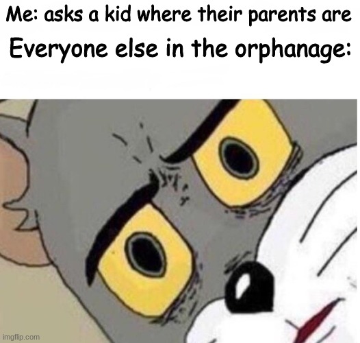 Nice. | Me: asks a kid where their parents are; Everyone else in the orphanage: | image tagged in confused tom,memes | made w/ Imgflip meme maker