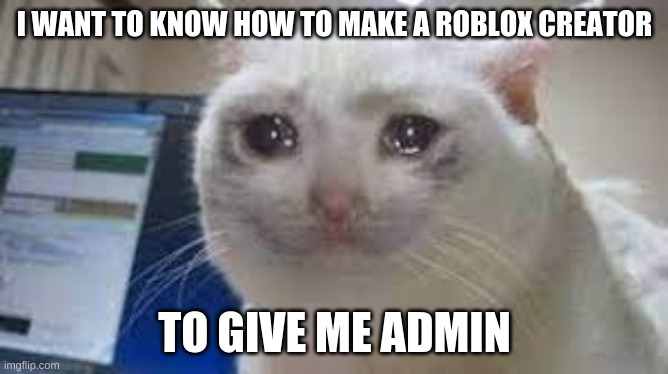 pls tell me | I WANT TO KNOW HOW TO MAKE A ROBLOX CREATOR; TO GIVE ME ADMIN | image tagged in sad cat,sad | made w/ Imgflip meme maker