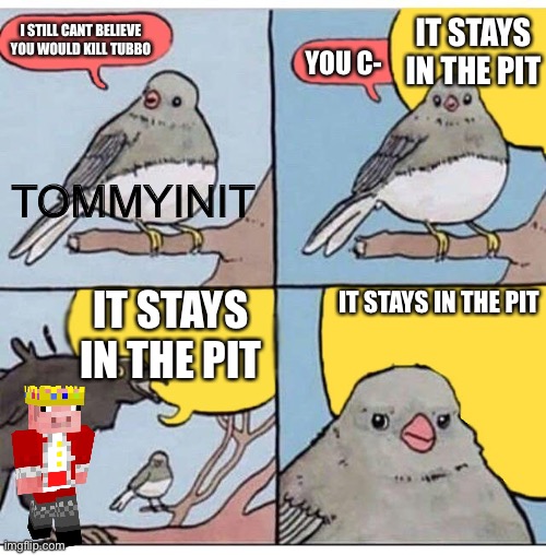 It stays in the pit | IT STAYS IN THE PIT; I STILL CANT BELIEVE YOU WOULD KILL TUBBO; YOU C-; TOMMYINIT; IT STAYS IN THE PIT; IT STAYS IN THE PIT | image tagged in annoyed bird | made w/ Imgflip meme maker