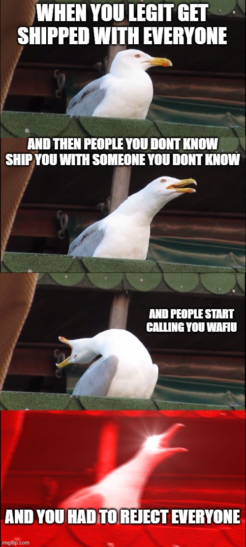Inhaling Seagull Meme | WHEN YOU LEGIT GET SHIPPED WITH EVERYONE; AND THEN PEOPLE YOU DONT KNOW SHIP YOU WITH SOMEONE YOU DONT KNOW; AND PEOPLE START CALLING YOU WAFIU; AND YOU HAD TO REJECT EVERYONE | image tagged in memes,inhaling seagull | made w/ Imgflip meme maker