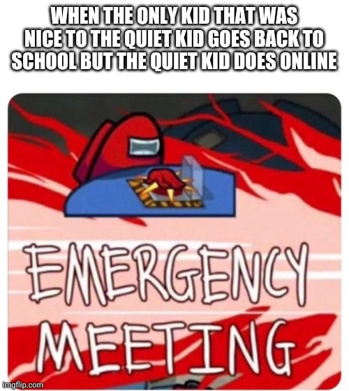 Who is gonna be the quiet kid's friend now? | WHEN THE ONLY KID THAT WAS NICE TO THE QUIET KID GOES BACK TO SCHOOL BUT THE QUIET KID DOES ONLINE | image tagged in emergency meeting among us | made w/ Imgflip meme maker