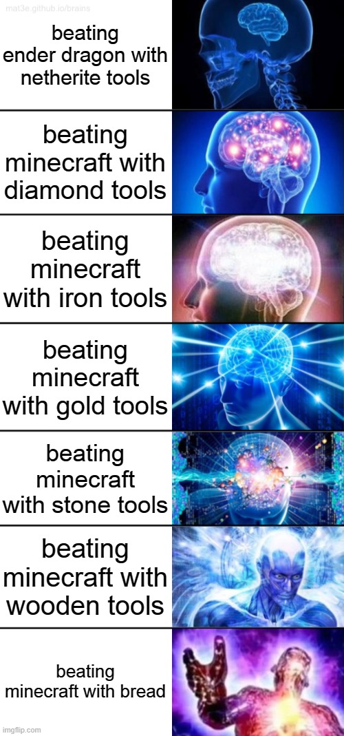 GUESS WHOS BACK!! | beating ender dragon with netherite tools; beating minecraft with diamond tools; beating minecraft with iron tools; beating minecraft with gold tools; beating minecraft with stone tools; beating minecraft with wooden tools; beating minecraft with bread | image tagged in 7-tier expanding brain | made w/ Imgflip meme maker