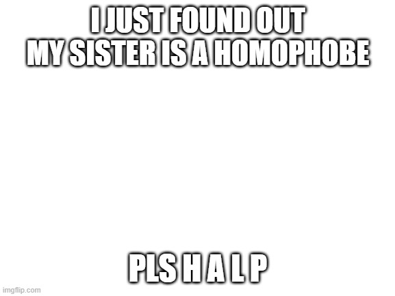 Blank White Template | I JUST FOUND OUT MY SISTER IS A HOMOPHOBE; PLS H A L P | image tagged in blank white template | made w/ Imgflip meme maker