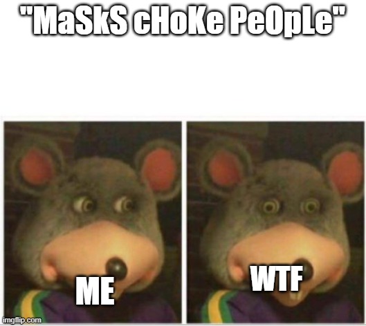 chuck e cheese rat stare |  "MaSkS cHoKe PeOpLe"; WTF; ME | image tagged in chuck e cheese rat stare | made w/ Imgflip meme maker