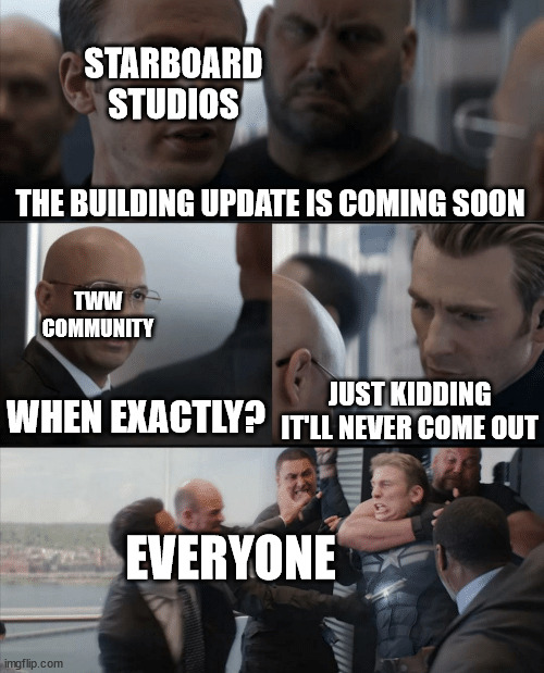 Captain America Elevator Fight | STARBOARD STUDIOS; THE BUILDING UPDATE IS COMING SOON; TWW COMMUNITY; WHEN EXACTLY? JUST KIDDING IT'LL NEVER COME OUT; EVERYONE | image tagged in captain america elevator fight | made w/ Imgflip meme maker