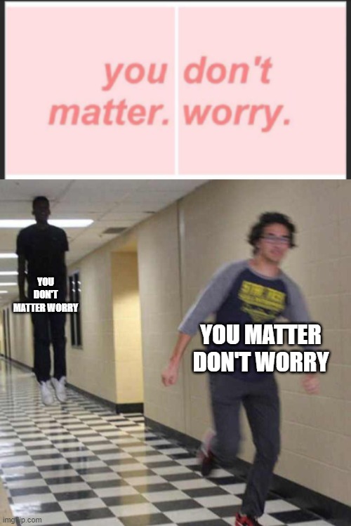 YOU DON'T MATTER WORRY; YOU MATTER DON'T WORRY | image tagged in floating boy chasing running boy | made w/ Imgflip meme maker