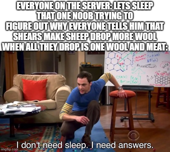 Why tho | EVERYONE ON THE SERVER: LETS SLEEP
THAT ONE NOOB TRYING TO FIGURE OUT WHY EVERYONE TELLS HIM THAT SHEARS MAKE SHEEP DROP MORE WOOL WHEN ALL THEY DROP IS ONE WOOL AND MEAT: | image tagged in i don't need sleep i need answers | made w/ Imgflip meme maker