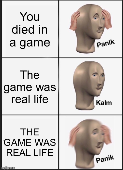 Life and death | You died in a game; The game was real life; THE GAME WAS REAL LIFE | image tagged in memes,panik kalm panik,life,games,meme,mememan | made w/ Imgflip meme maker