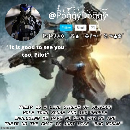 Poggydoggy temp | THEIR IS A LIVE STREAM OF JACKSON HOLE TOWN SQUAE AND 150 PEOPLE INCLUDING ME HAVE NO CLUE WHY WE ARE THEIR ND THE CHAT IS JUST LIKE "BAG WOMAN" | image tagged in poggydoggy temp | made w/ Imgflip meme maker