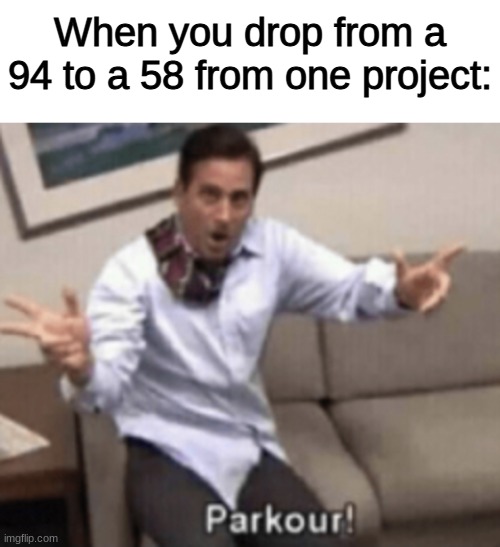 in school marks | When you drop from a 94 to a 58 from one project: | image tagged in blank white template,middle school | made w/ Imgflip meme maker