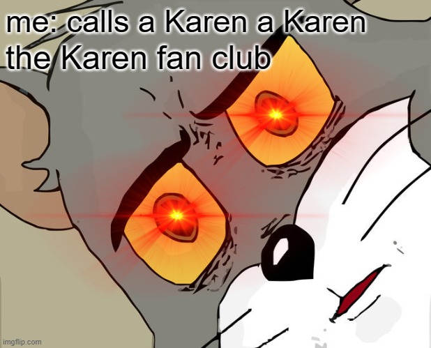 Unsettled Tom Meme | me: calls a Karen a Karen; the Karen fan club | image tagged in memes,unsettled tom | made w/ Imgflip meme maker