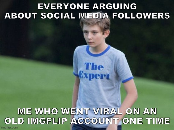 I am the expert in petty conflict | EVERYONE ARGUING ABOUT SOCIAL MEDIA FOLLOWERS; ME WHO WENT VIRAL ON AN OLD IMGFLIP ACCOUNT ONE TIME | image tagged in the expert | made w/ Imgflip meme maker