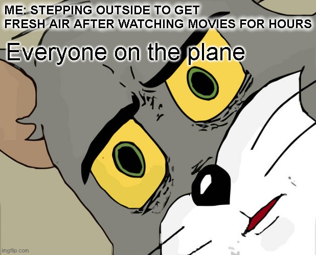 Unsettled Tom Meme | ME: STEPPING OUTSIDE TO GET FRESH AIR AFTER WATCHING MOVIES FOR HOURS; Everyone on the plane | image tagged in memes,unsettled tom | made w/ Imgflip meme maker