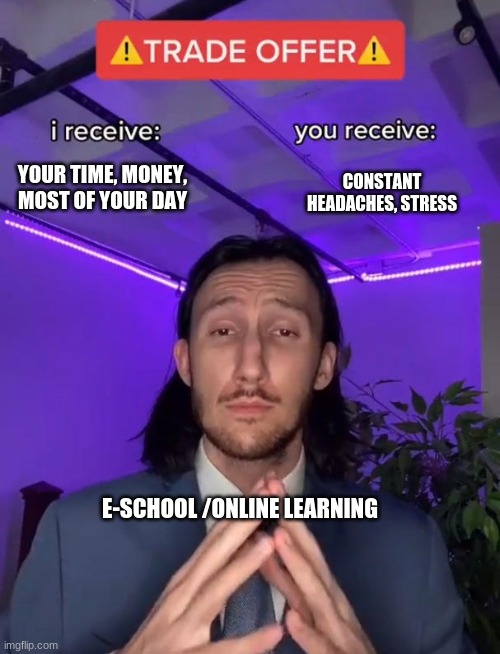 tUrN oN yOuR cAmErA | CONSTANT HEADACHES, STRESS; YOUR TIME, MONEY, MOST OF YOUR DAY; E-SCHOOL /ONLINE LEARNING | image tagged in trade offer,online school,computer | made w/ Imgflip meme maker