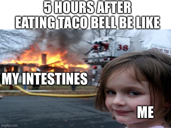 Taco Bell meme | 5 HOURS AFTER EATING TACO BELL BE LIKE; MY INTESTINES; ME | image tagged in disaster girl | made w/ Imgflip meme maker